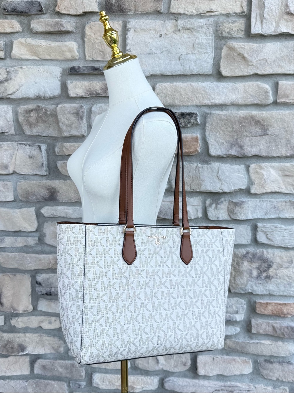 Michael Kors Cream/White Signature MK Tote with Brown Leather Straps